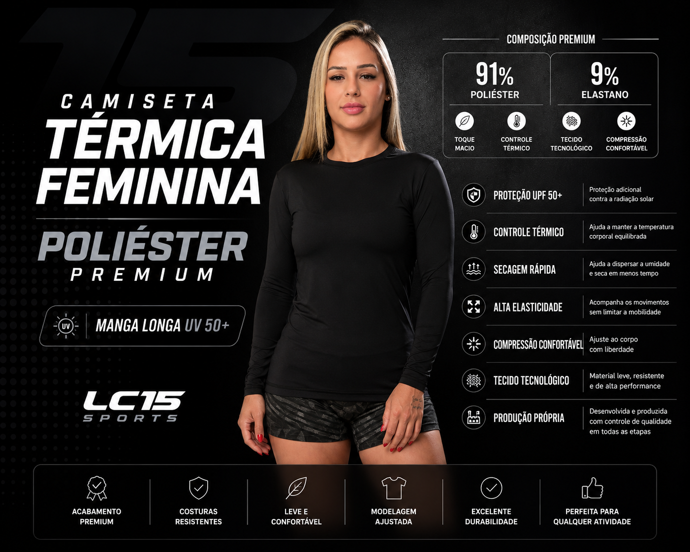 Camiseta Térmica Masculina Poliamida Premium Manga Longa UV 50+ LC15 Sports